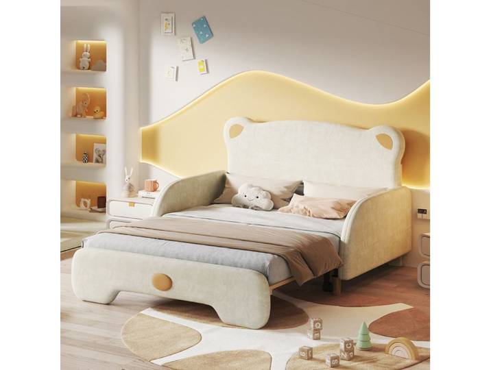 Modenuit Lit double enfant rembourré forme d'ours 140x200 cm avec lit gigogne velours beige