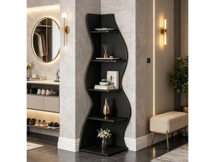 Étagère d'angle 5 niveaux – Noir – Bois – Design contemporain – 112 x 56 x 13 cm