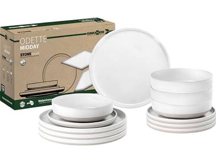 BRUNNER Melamin Geschirr-Set Camping 12-Teilig Midday ODETTE Stapelbar Antislip (Antirutsch), 2-4 Personen, wie Steingut (StoneTouch), Bruchfest, Teller & Schüsseln, Wohnmobil Wohnwagen Boot