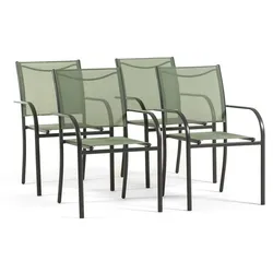 RATTATAN 4er-Set Gartenstühle mit Armlehnen, stapelbar aus Stahl und 2x1 Textilene, leicht und atmungsaktiv Terrasse, Veranda, Bar, Restaurant Elena/Salbeigrün