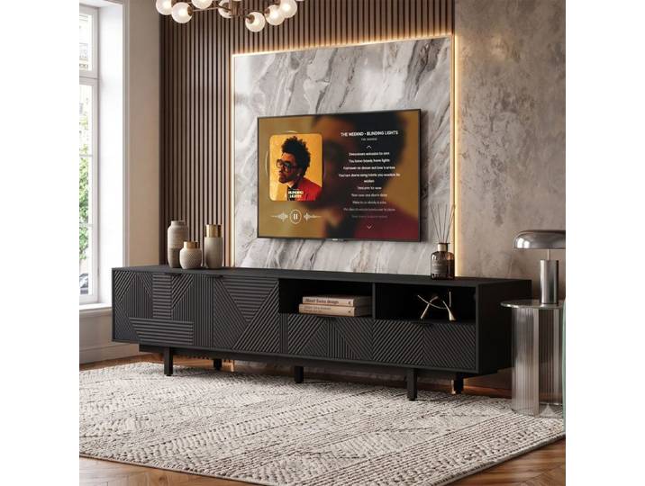 Meuble TV Noir 200 cm Grand Rangement pour TV Jusqu'à 90  Design Soigné Lignes Géométriques Style Moderne Bohème - Noir