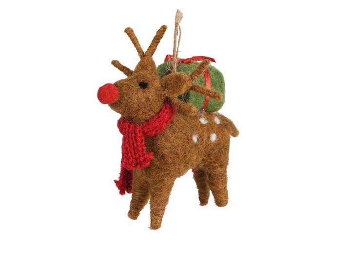 Weihnachtsanhänger Rentier aus Filz, braun, rot und grün