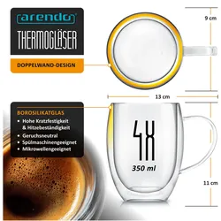 Arendo, Tasse, 4x Thermogläser doppelwandig, 350 ml, Glas/Tasse mit Henkel, Borosilikatglas, für Heissgetränke (350 ml, 4x)