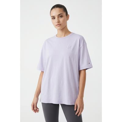 T-Shirt CHAMPION "ICONS WASH Oversize T-Shirt", Damen, Gr. M, lila (lva), Obermaterial: 100% Baumwolle, normal, Rundhals, Shirts T-Shirt, mit Rundhalsausschnitt, Kurzarm, aus Baumwolle, Oversize-Schnitt