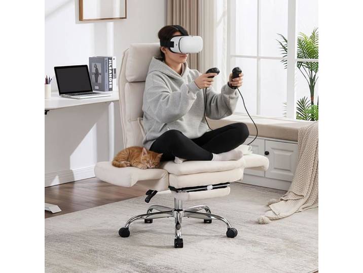 GOOBUY Chaise de Loisirs 226 kg Fauteuil Pivotant en Chenille Accoudoirs Rabattables Coussin Double Couche Siege Large Beige