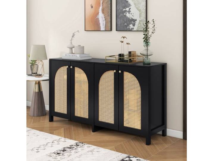 WOVREO Buffet bas 4 portes noir en MDF avec cannage synthétique étagère réglable