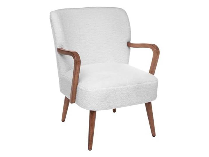 Atmosphera Interior Designer – Chiara Bouclé Sessel, Weiß, Retro-Vintage-Stil, Hevea-Holz, halbfeste Armlehnen, umlaufendes Design für Wohnzimmer, Büro, Schlafzimmer