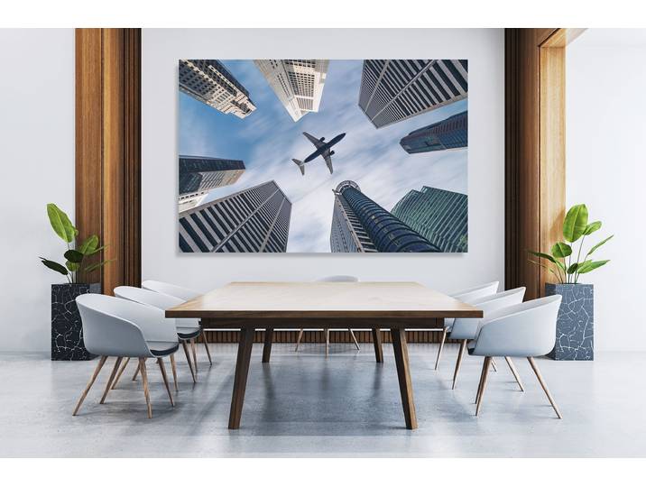 XXL-Wandbild QUEENCE Akustikbild Flugzeug Wolkenkratzer , blau (farbe bild(er): blau), B:90cm H:60cm T:2,5cm, Polyester, Bilder, XXL-Wandbild, Einfache Akustiklösung ohne Baumassnahme, Schalldämmung, Paneele