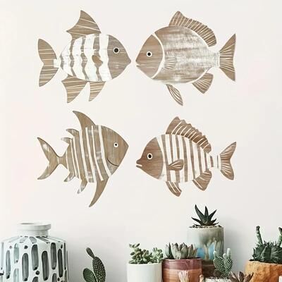 Inspired Finds 4pcs Colorful Tropical Fish Wooden Wall Art Rustic Nautical Coastal Hanging Decor rustic Wood