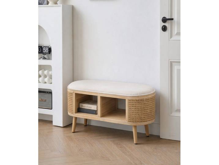 Banc avec rangement en rotin et velours beige
