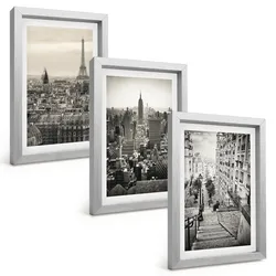 BILDER SET 3er Set - 20x30 cm Silberner Rahmen - Aussicht Paris New York Treppen