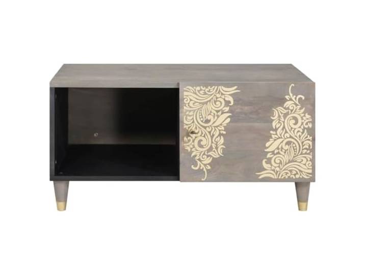 KTHLBRH Couchtisch Grau 80 x 50 x 40 cm Massives Mangoholz, Messinggriffe, handbemalte Front, Ablagefach