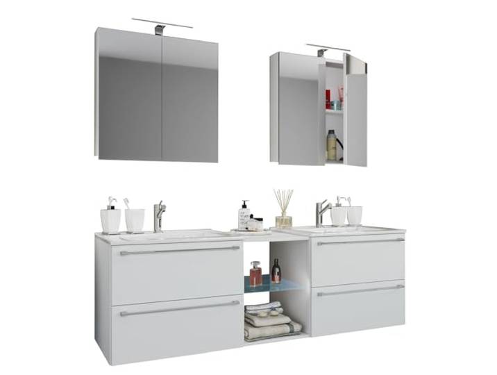 VCM Badmöbel Waschtisch Weiß 195x46x112 cm 6 Fächer Doppelset für Bad Doppelwaschtisch für zwei Nutzer - geräumiges Bad - Familien und Paare - Holzwerkstoff mit Keramik-Waschbecken