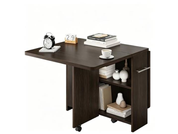 Koioplie Klappbarer Esstisch 120x60x75 cm Drop-Leaf 6 Rollen Walnuss Drop-Leaf, 6 Feststellrollen, Ausziehbar, Zwei Ablagen, Kleine Räume