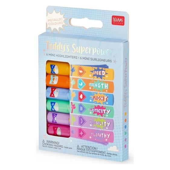 Legami Mini Highlighters Set Teddys Superpower, 6-tlg., Textmarker, Leuchtmarker, Stifte, MH0005 (6x) (VMH0005)