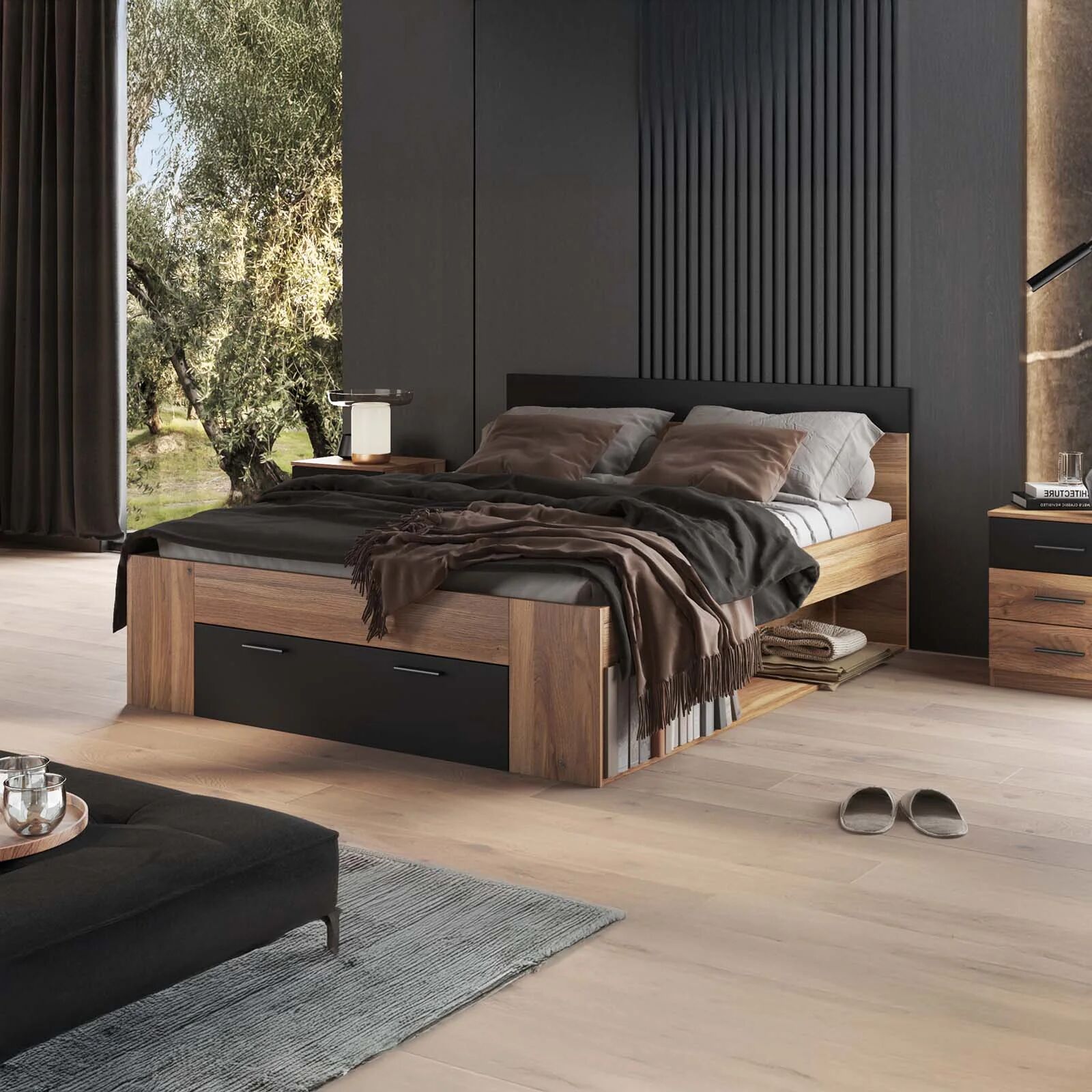 garneroarredamenti Letto matrimoniale standard 160x200cm con cassettone rovere nero Yve