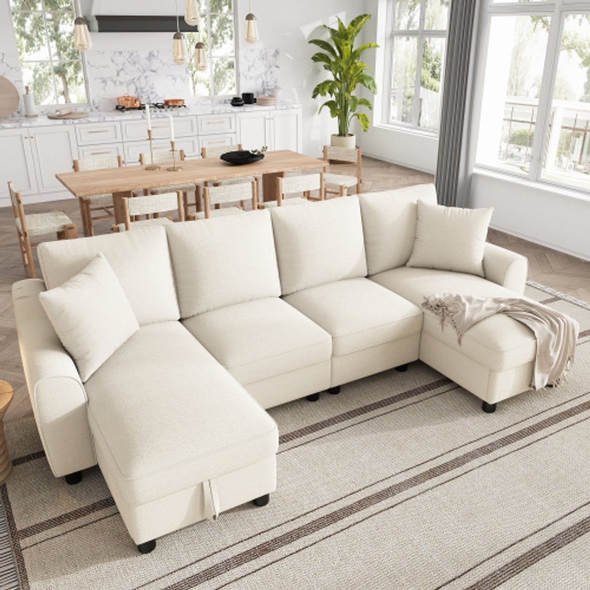 Zubaliya U-vorm Chenille Sofa met 2 Chaiselongues en Opbergruimte, Beige, Breedte: 280 cm