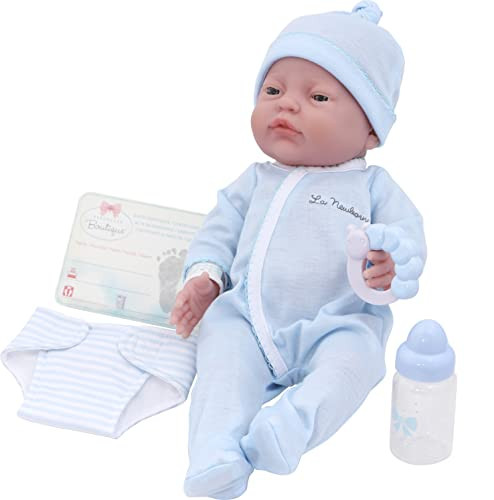 JC Toys La Newborn pop voor de eerste momenten, 43 cm, blauw, zacht vinyl, inclusief kleding en 6 accessoires