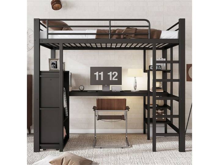 DRIPEX Lit en fer 90x200cm Lit superposé avec bureau table et armoire échelle à 5 marches Fer+Panneau de particules Noir