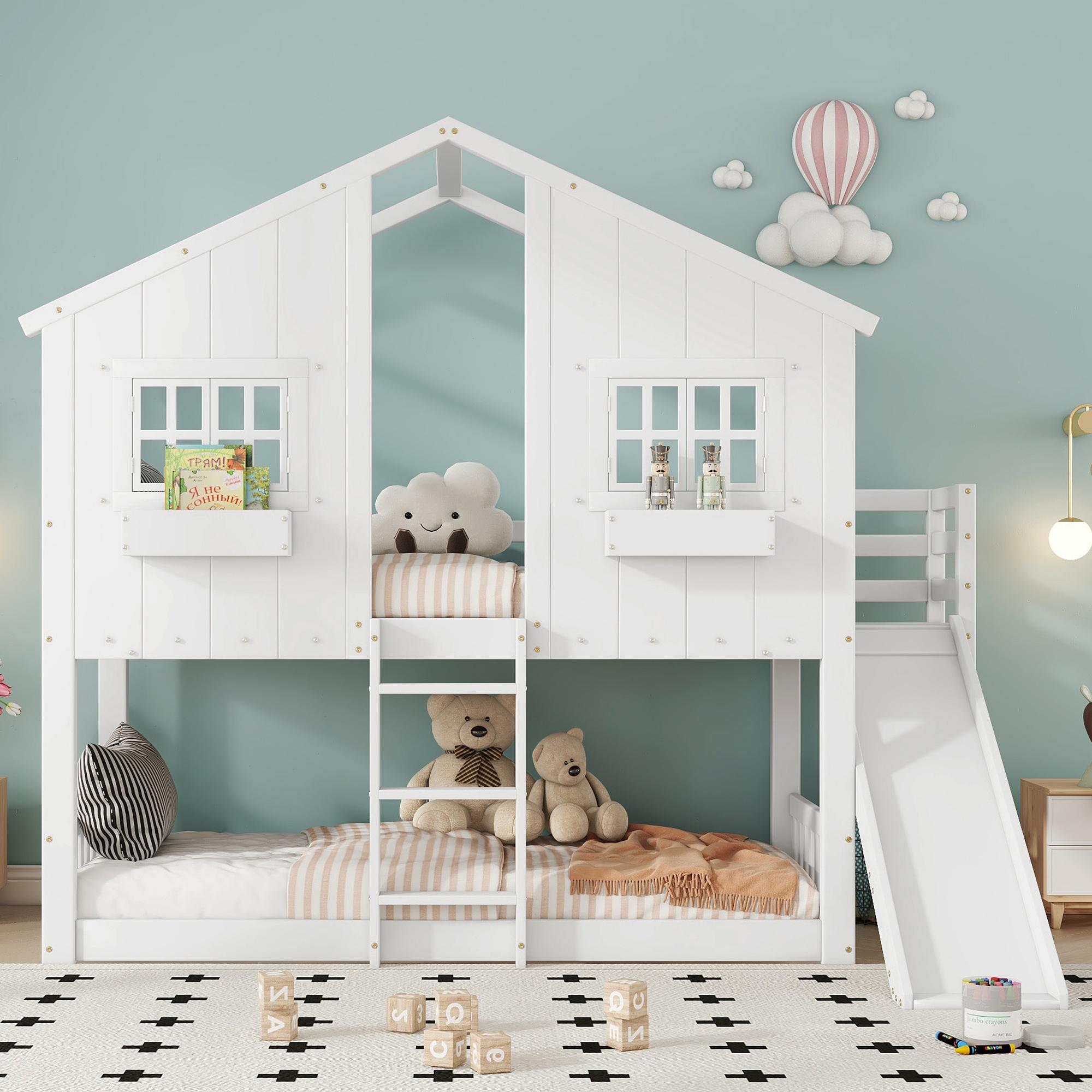 Etagenbett Kinderbett 90x200, Rutsche, Dach, Fenster, Fallschutzgitter, 3-stufige Leiter, Kiefer/MDF, o. Mat.. Weiß + Natur