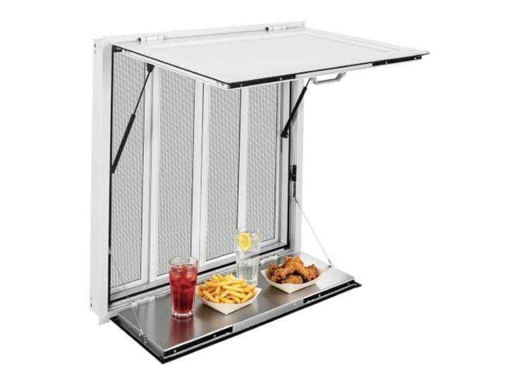 VEVOR Fenêtre pour Food Truck 91\,5x91\,5 cm Guichet de Vente Étagère Pliable Pour Service Camion Restaurant Commerce Ambulant\, 4 Vautaux Moustiquaires Coulissantes\, Fenêtre Passe-plat Auvent Relevable