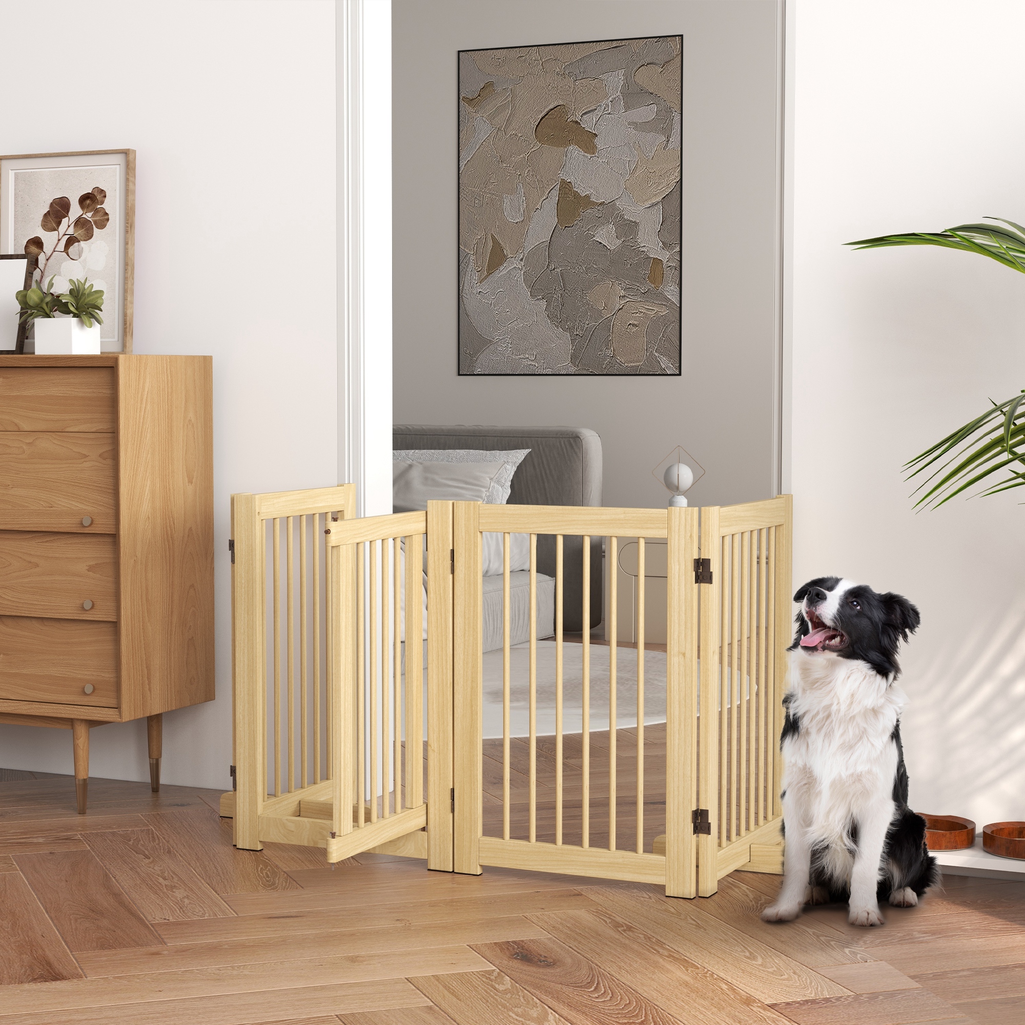 Pawhut Cancelletto per Cani Autonomo, 4 Pannelli, Flessibile, Legno di Pino, 204L x 36P x 75H cm, Legno naturale