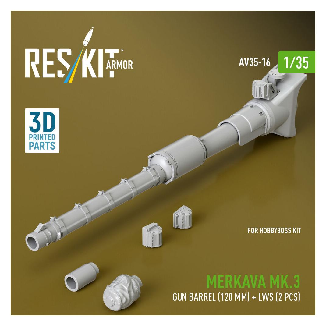 ResKit Merkava Mk.3 gun barrel (120 mm) + LWS (2 pcs) for HobbyBoss Kit (3D Printed) (AV35-0016)