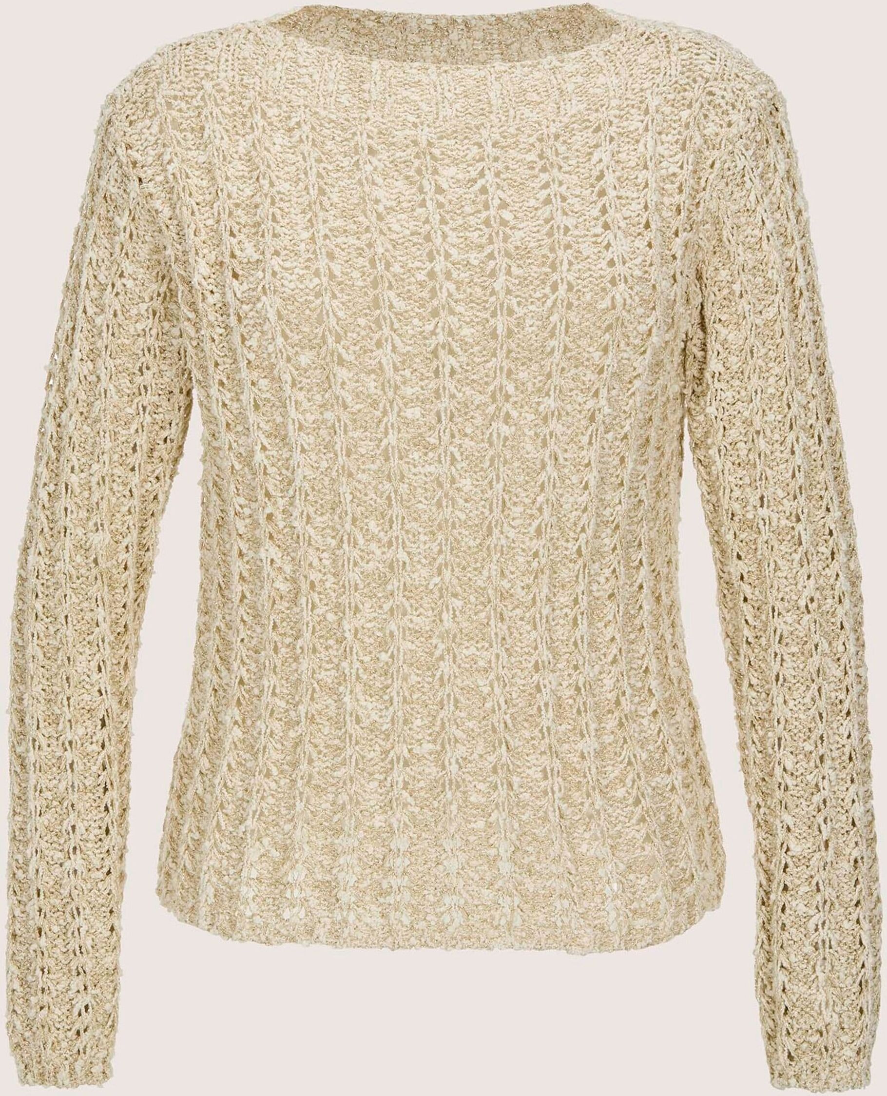 Longpullover MADELEINE "Strickpullover Baumwollpullover mit Rippenmuster", Damen, Gr. 48, weiß (perlweiß, beige, goldfarben), Obermaterial: 80% Baumwolle CO. 10% Polyamid PA. 10% Polyester PES., Modern, U-Boot-Ausschnitt, Pullover Longpullover, Durchbroch