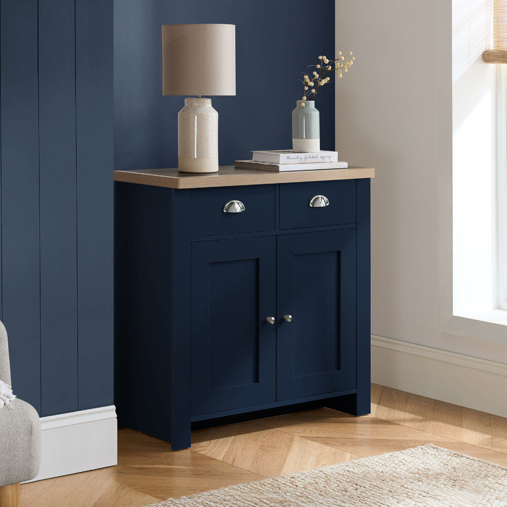 August Grove Napanoch 79cm Wide 2 Drawer Sideboard Navy Blue/Oak 81.3cm H X 79cm W X 35.6cm D