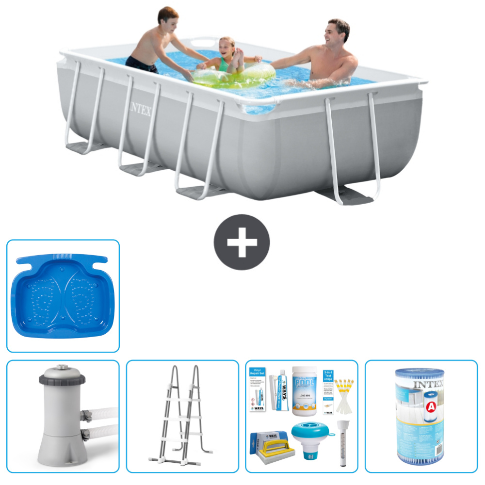 Intex Rechteckiges Prisma-Rahmen-Schwimmbecken - 300 x 175 x 80 cm - Grau - inklusive Pumpe - Leiter Wartungspaket - Filter - Fußbad