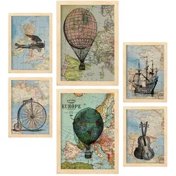 POSTER Set Mit 6 Vintage Maps Sammlung A3 & A4 Rahmen Aus Hellem Holz