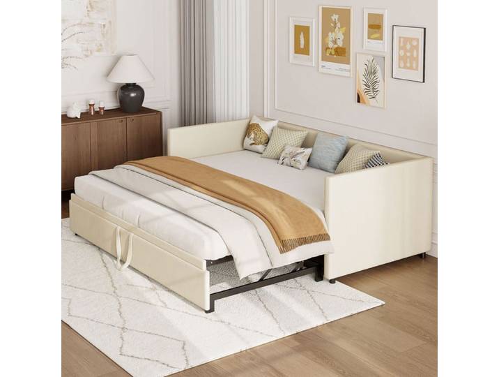 Canapé-lit gigogne - Modèle 90/180x200 cm - Velours beige - 2 places convertible - Sommier à lattes