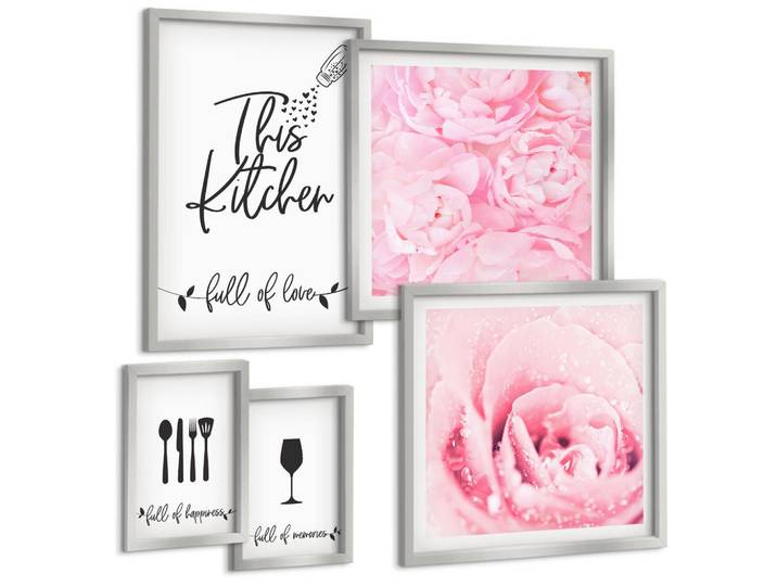 Tulup Bilder SET 5er Set - 50x50 cm & 20x30 cm & 40x60 cm Silberner Rahmen - Zen-Gemälde, Wassersteine, Buddha, Silberfarben, Kunststoff, Rechteckig, 40x60 cm, gerahmt, Bilder & Rahmen, Bilder