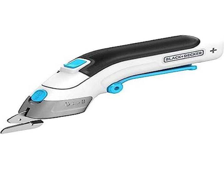 BLACK+DECKER Ciseaux électriques 3\,6V\, BCSC115-XJ Gâchette extra-longue\, LED\, batterie 1\,5 Ah\, charge USB et 2 lames