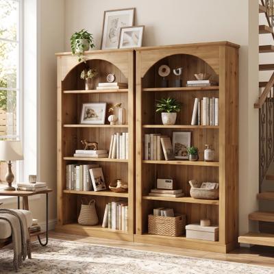 YUZHOU 5-Tier Tall Farmhouse Solid Wood Arched Bookcase