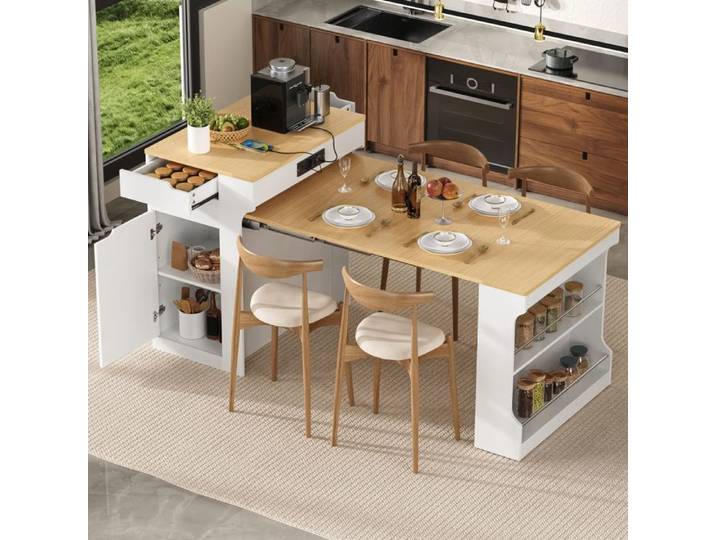Îlot central extensible blanc 153 cm roulettes prises 2 tiroirs