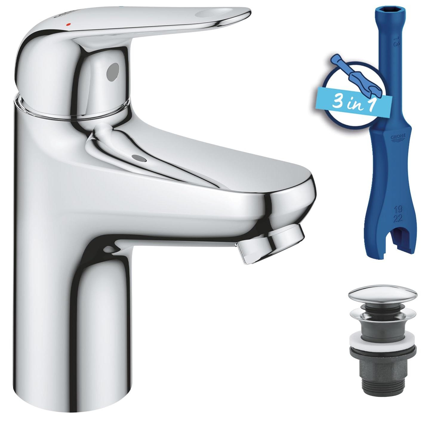 Grohe Swift kraan met waterbesparende functie en pop-up afvoer, chroom