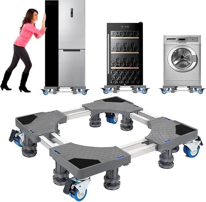 Verstelbaar NIUXX onderstel voor wasmachine en koelkast met 8 poten en 4 wielen, dubbele buisconstructie en antivibratie, telescopisch (53-68 cm)