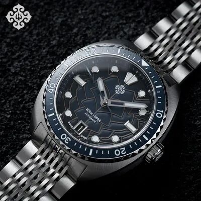 DynamicDeals New Men Automatic Mechanical Watch, Dragon Scale Pattern Diving Watch, 20Bar Stainless Steel BWG 9 Reloj Hombre blue Dragon Scale
