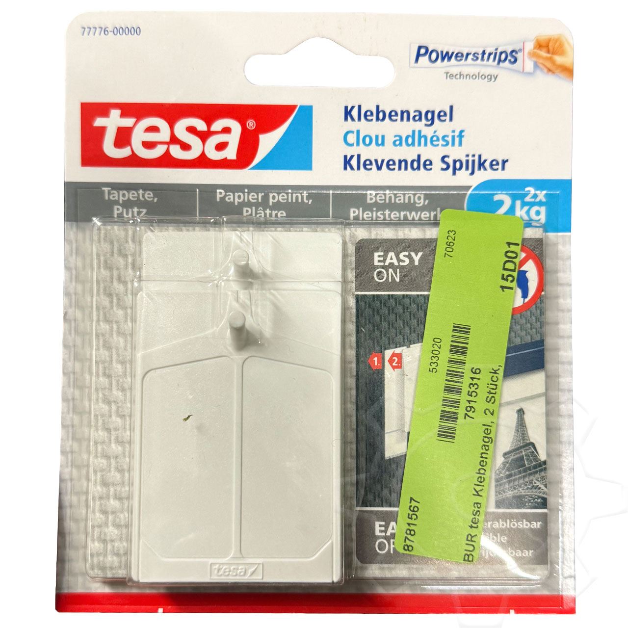 tesa Klebenagel, 2 Stück, für Tapeten und Putz, bis zu 2kg pro Nagel, weiß