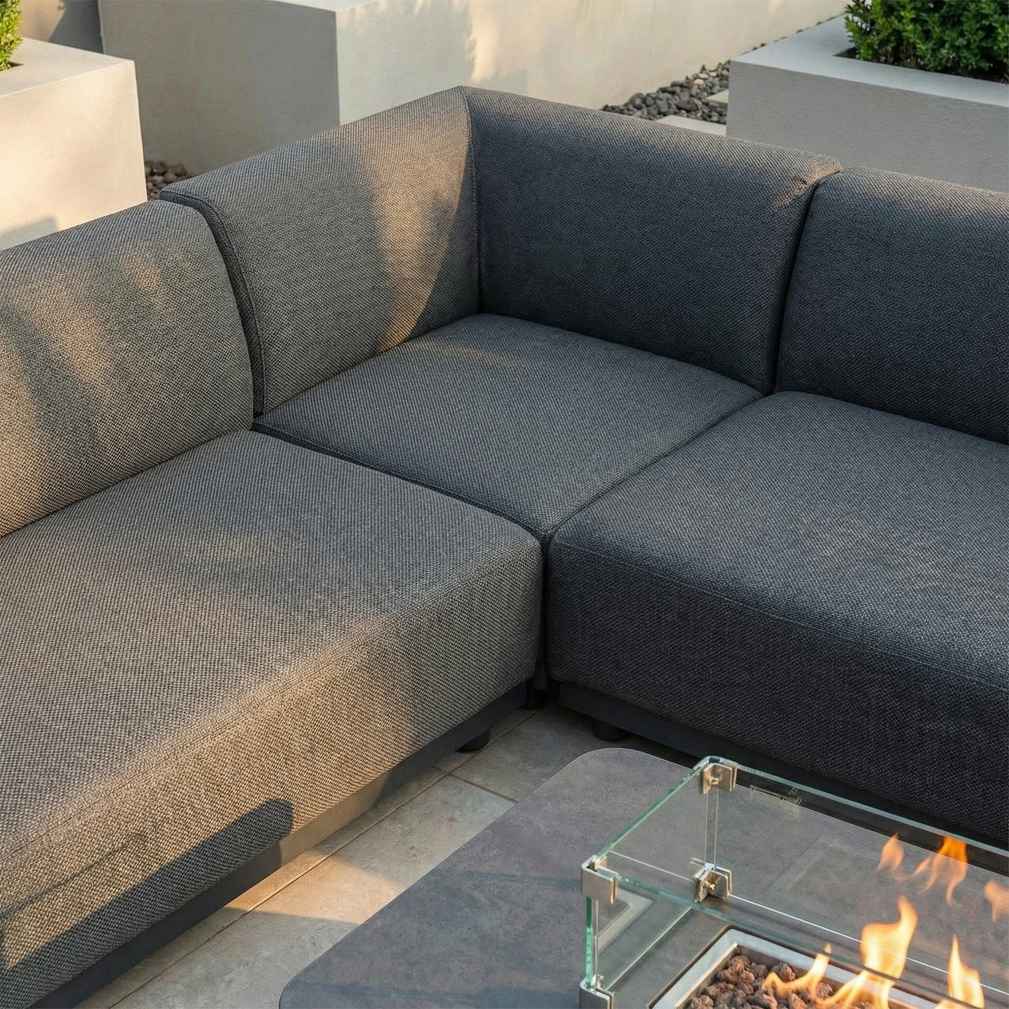 Harbour Lifestyle Luna Outdoor Fabric Corner Sofa Set with Firepit Coffee Table in Grey