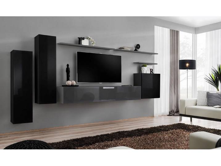 JVmoebel Wohnwand Moderne Wohnwand in Schwarz mit hochwertiger Handwerkskunst, (8-St., 1x Wohnwand + 1x TV Ständer + 3x Wandschrank + 3x Wandregal), Made in Europa