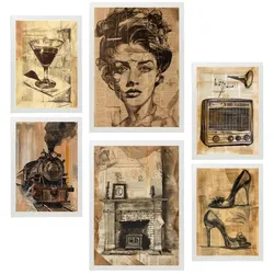 POSTER Set Mit 6 Vintage Life Wein Zehenschuhe Radio Frau A3 & A4 Weißer Rahmen