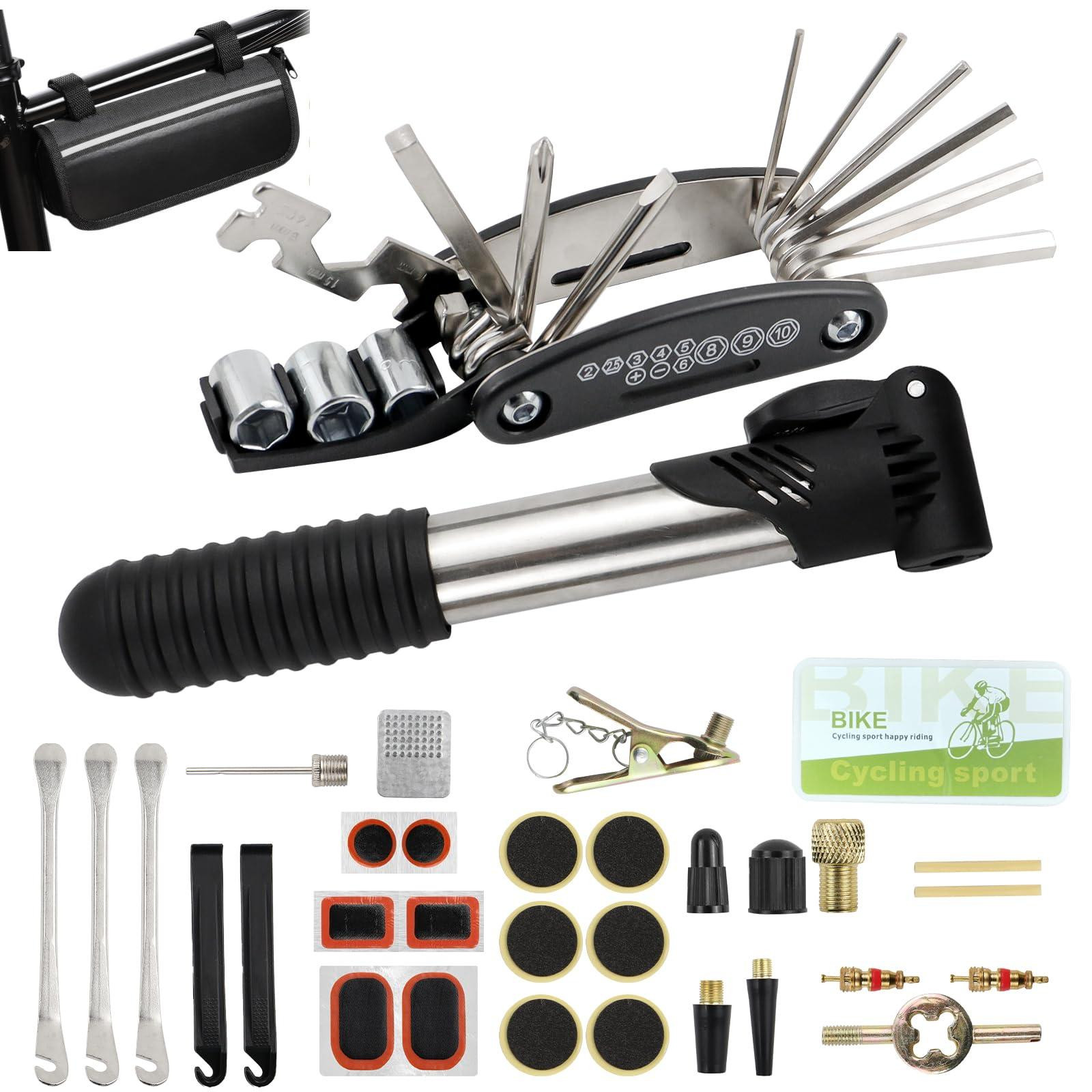 Selius 34-delige reparatieset voor fiets inclusief 16-in-1 multitool, luchtpomp en waterdichte tas