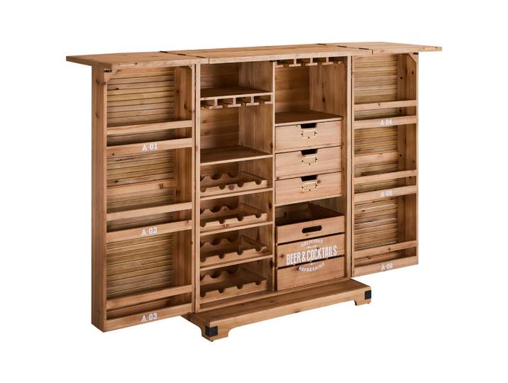 Landscape Barschrank, Natur, Holz, Metall, Tanne,Tanne, massiv, 9 Fächer, 3 Schublade(n) Schubladen, 90x123x50 cm, faltbar, Esszimmer, Barmöbel, Barschränke & Theken