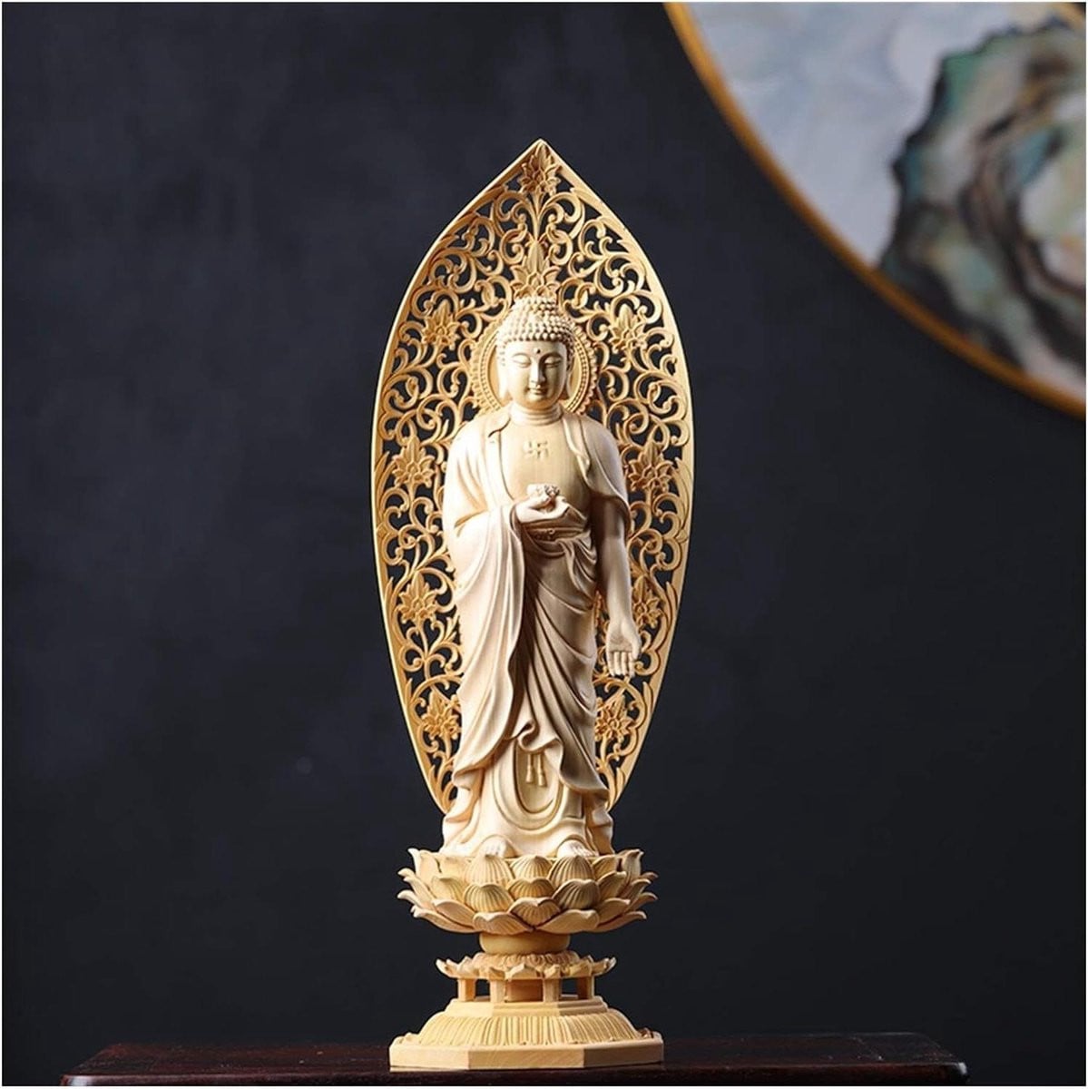 Guan Yin Boeddha Standbeeld met Uitstekend Snijwerk voor Huisdecoratie, Hoogte: 29 cm