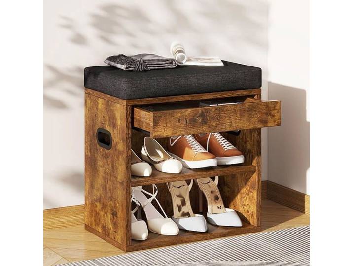 Banc Chaussures Entrée avec Coussin et Tiroir Marron Rustique 2 Tiers Petit Réglable Banc Rangement Chaussures l'Entrée Le Salon