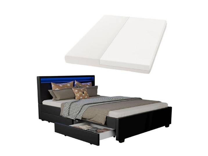 Juskys Polsterbett Lyon mit Matratze, 140x200 cm, ausziehbare Bettkästen, LED-Licht, inkl. Matratze
