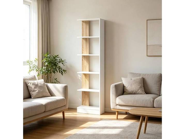 Bibliothèque moderne ouverte - Étagère de rangement 5 niveaux - Design scandinave bois blanc et chêne - 45x21x170 cm
