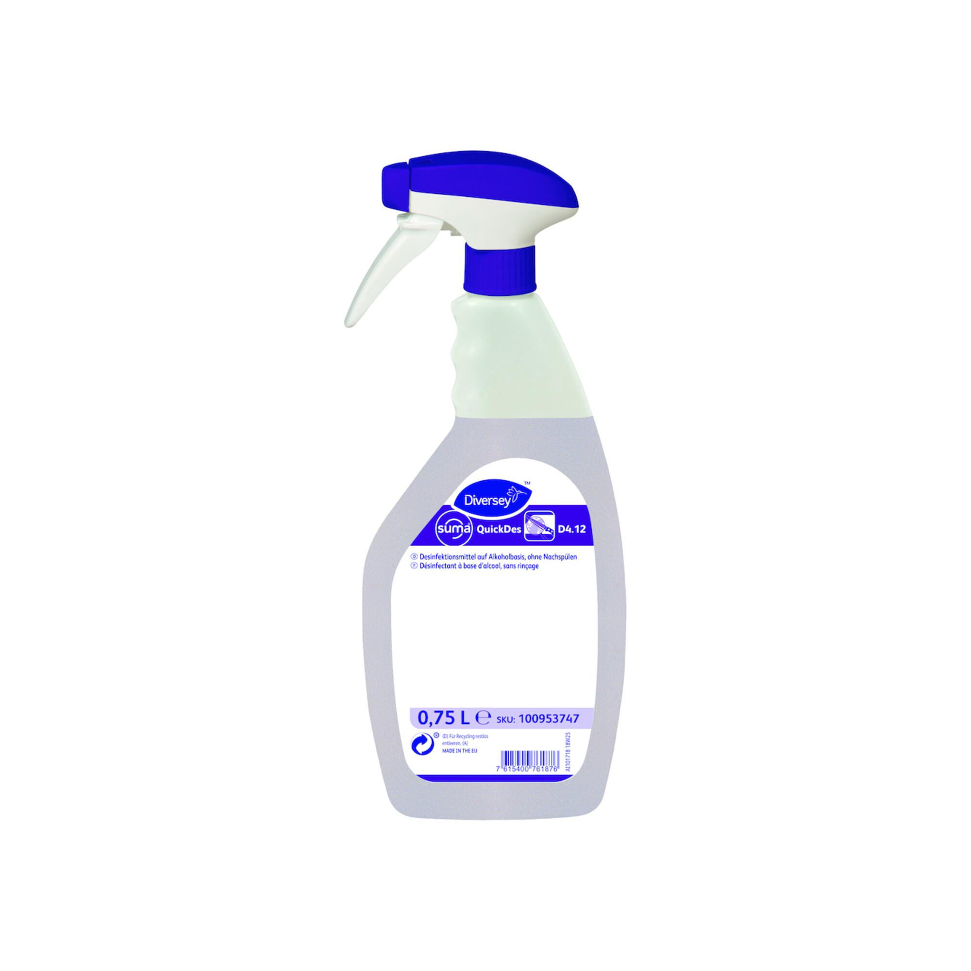 Diversey Sprühdesinfektionsmittel QuickDes 4.12 aus Alkohol und Wasserstoffperoxid für die Desinfektion von Oberflächen im Lebensmittelbereich, Inhalt: 750 ml Sprühflasche (100953747)